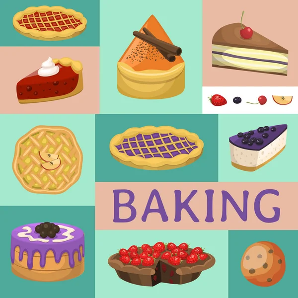 Bakwinkel menu vector illustratie. Chocolade en fruitige desserts voor de snoepwinkel met cupcakes, bakkerij cakes, Berry pudding, koekjes, slagroom, beries glazuur — Stockvector