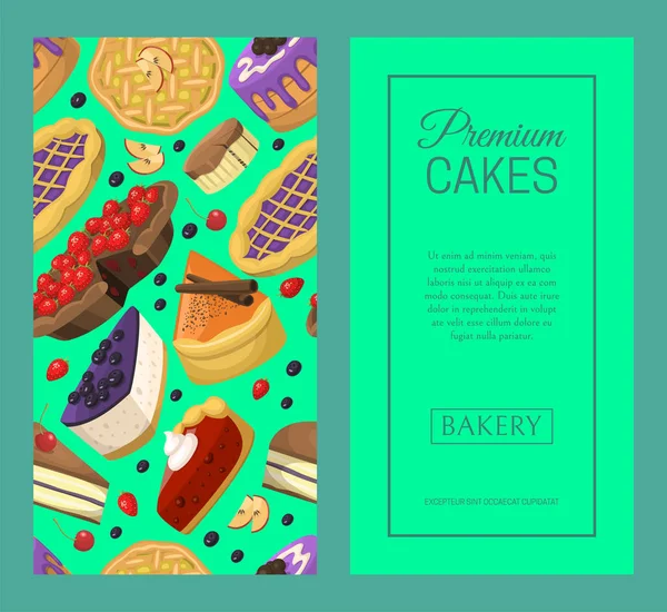 Pastelería conjunto de banners o tarjetas de ilustración vectorial. Chocolate y postres afrutados para pastelería con cupcakes, pasteles, pudín, galletas de bayas, crema batida, beries glaseado y espolvoreos . — Vector de stock