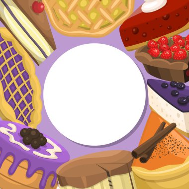 Pişirme dükkanı pasta menü vektör illüstrasyon. Cupcakes, pastane kek, berry puding, bisküvi, krem şanti, beries sır ile tatlı kek dükkanı için çikolata ve meyveli tatlılar