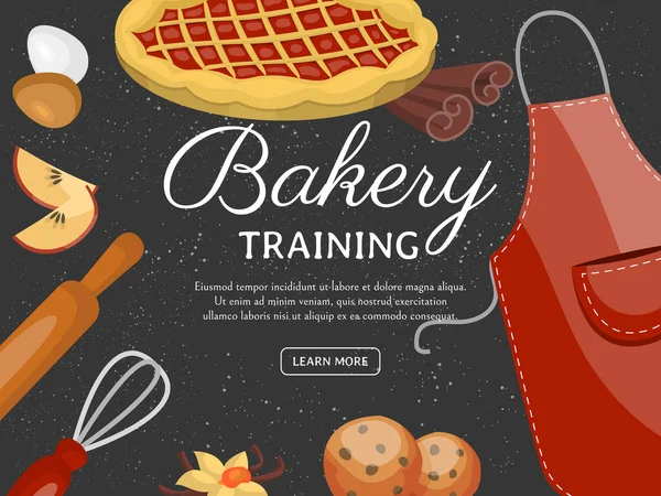 Backen Ausbildung Schule Plakat Vektor Illustration. Schokolade fruchtige Desserts süße Konditorei mit Cupcakes, Backwaren, Plätzchen, Zutaten, Schürze, Nudelbesen Brett Kekse Kuchen. — Stockvektor