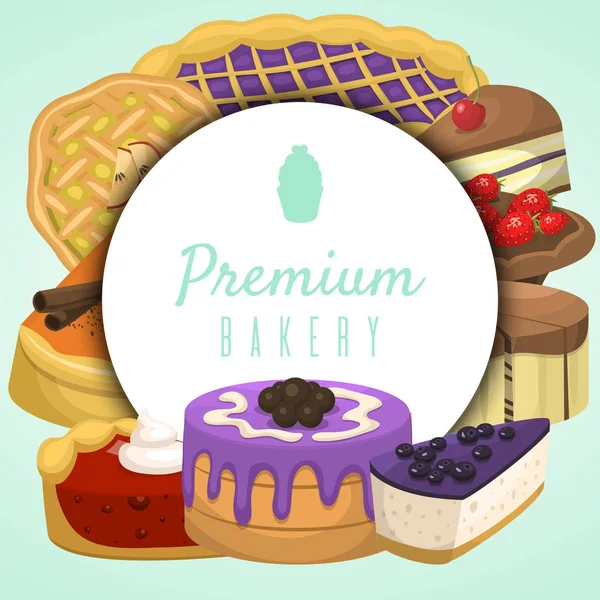 Bakwinkel taartmenu vector illustratie. Chocolade en fruitige desserts voor de snoepwinkel met cupcakes, bakkerij cakes, Berry pudding, koekjes, slagroom, beries glazuur — Stockvector