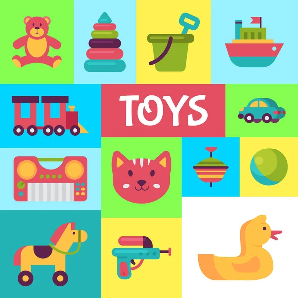 Baby Toy Shop affisch i platt tecknad stil. Barn spel nallebjörn, Pyramid, docka. Barn kul och aktivitet spela färgglada dagis bakgrund vektor illustration. — Stock vektor