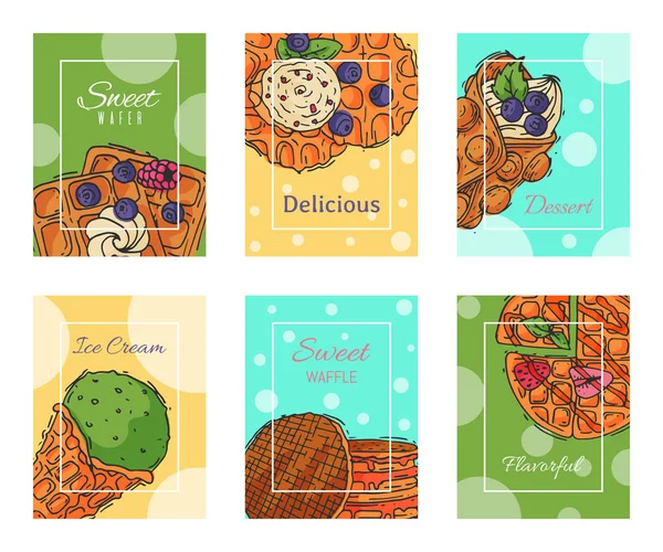 Cartes gaufrettes croustillantes chocolat crème saveur dessert belge affiche vecteur illustration. Biscuit de grignotines sucrées avec crème. Gaufre savoureuse pâtisserie boulangerie délicieuse confiserie caramel . — Image vectorielle