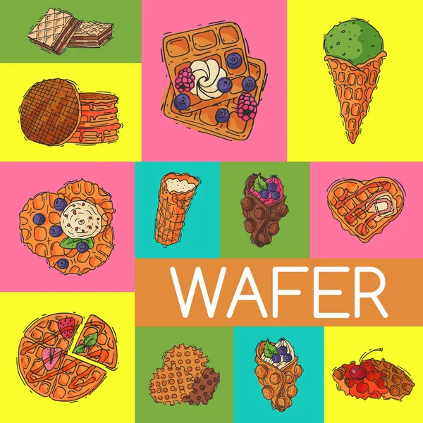 Krispig wafer affisch choklad grädde smak belgisk dessert cookie vektor illustration. Söt mat mellanmål kex med grädde. Våffla välsmakande konditori bageri läckra Konfektyr karamell. — Stock vektor