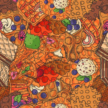 Çıtır gofret dikişsiz desen çikolata krema lezzet belçika tatlı çerez poster vektör illüstrasyon. Kremalı tatlı gıda atıştırmalık bisküvi. Waffle lezzetli pastane şekerleme karamel.