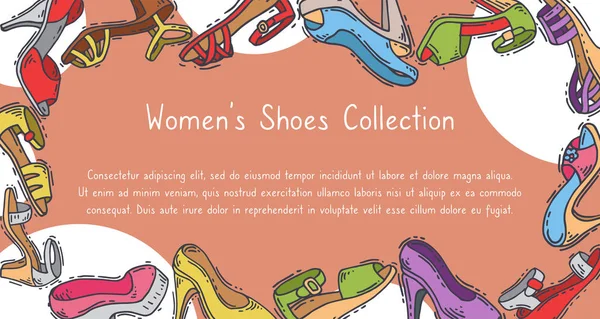 Női cipő gyűjtemény elegáns magas pár lábbeli vektor illusztráció. Stiletto divatos lány sarok poszter. Trend különböző stílus lábak tartozék háttér. — Stock Vector
