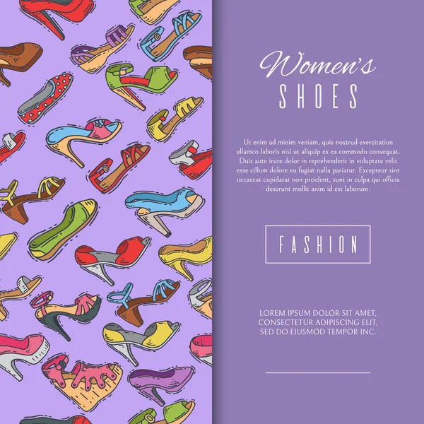 Vrouw schoenen elegante hoge paar schoeisel banner vector illustratie. Stiletto modieuze meisje hiel poster. Trend verschillende stijl benen accessoire achtergrond. — Stockvector