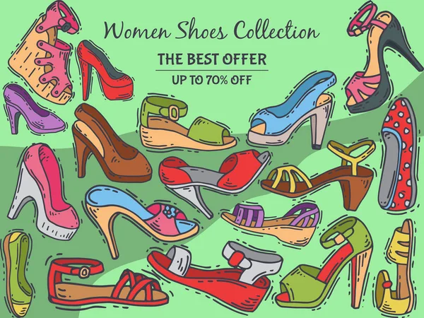 Collection de chaussures femme élégante paire haute illustration vectorielle de chaussures. Stiletto affiche de talon de fille à la mode. Tendance différents styles jambes accessoire fond . — Image vectorielle