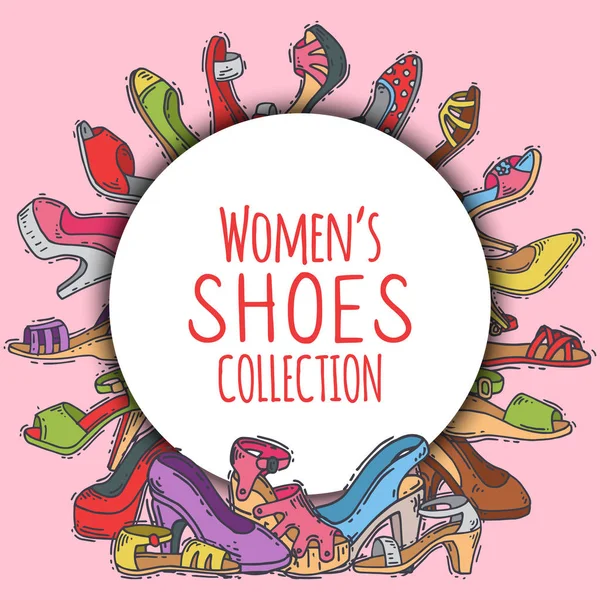 Női cipő gyűjtemény elegáns magas pár lábbeli vektor illusztráció. Stiletto divatos lány sarok poszter. Trend különböző stílus lábak tartozék háttér. — Stock Vector
