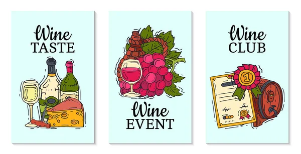 Wijn smaak Club kaarten vectorillustraties glas wijndruif fles. Proeverij evenementen menu. Vector alcohol drinken achtergrond traditionele voedsel Champagne. Wineglass Business vieren uitnodiging. — Stockvector