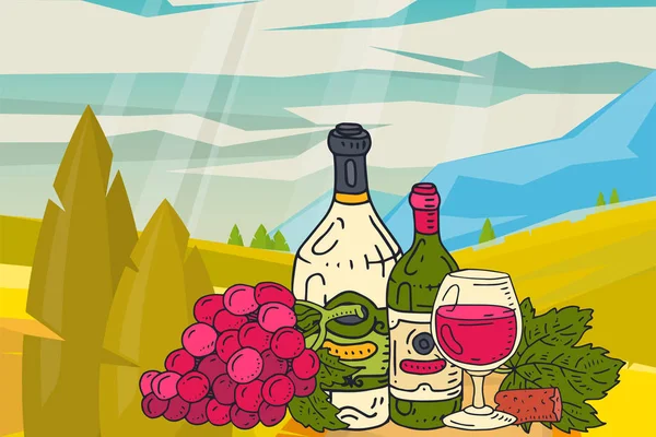 Wijn tafel met snacks bergen natuurlandschap vectorillustraties glas wijndruif fles. Proeverij evenementen menu. Vector alcohol drinken achtergrond traditionele voedsel Champagne. — Stockvector