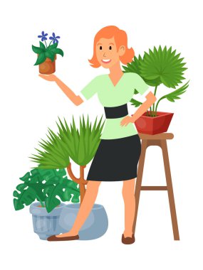 Ev çiçekçi kadın çiçekler kapalı Çiçekçilik vektör illüstrasyon. Doğa ev dekorasyon Bahçe. Saksı güzellik dekoratif Flora kapalı bitkiler. Minimal yeşillik egzotik bahçe houseplant ve