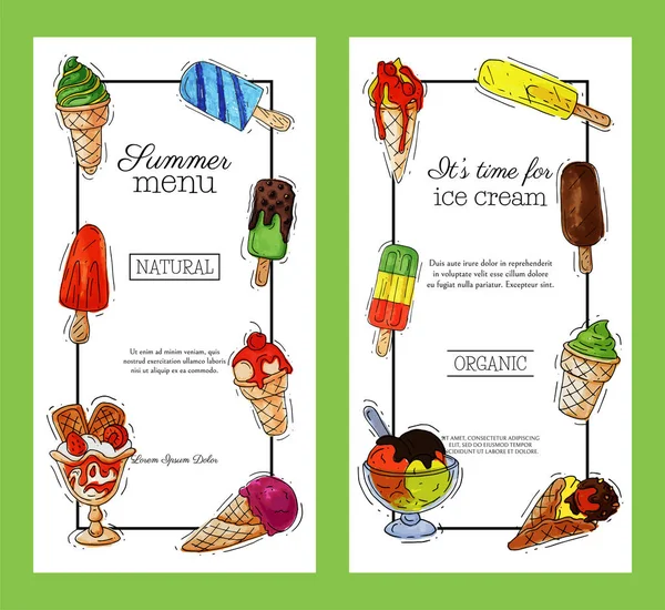 Ice Cream banner nyári természetes friss és hideg édes élelmiszer-vektor illusztráció. Egészséges házi ízletes tejtermék kúp finom eper vanília Gelato fagyasztott jégkrémet. Desszert gyümölcs Cool termék. — Stock Vector