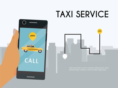 Telefon vektör illüstrasyon ile taksi afiş online mobil uygulama sipariş taksi hizmeti el. Trafik taşıma yeri sarı araba iş. Teslimat araç arama uygulaması.