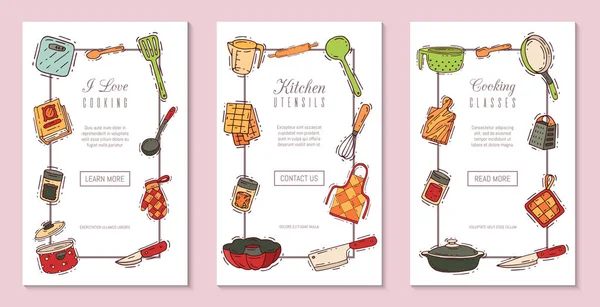 Kooklessen apparatuur banner vector keukengerei of pannen voor voedsel met keukengerei bestek en plaat illustratie. Servies en frituur-pan of pot househol culinaire school. Huistoestel. — Stockvector