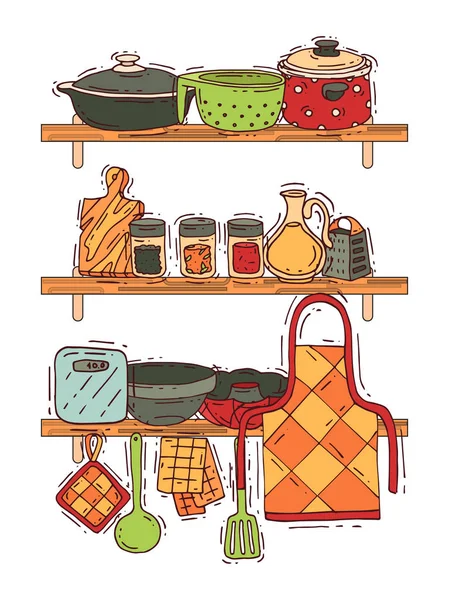 Кухонные приборы векторные кухонные принадлежности или посуда для еды со столовыми приборами и иллюстрацией тарелок. Посуда и сковородка домашняя кулинарный фон. Бытовая техника . — стоковый вектор