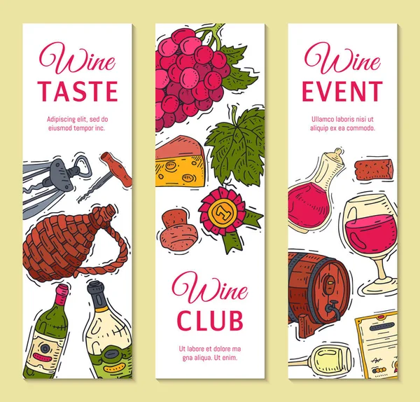 Wijn smaak Club banner vectorillustraties glas wijndruif fles. Proeverij evenementen menu. Vector alcohol drinken achtergrond traditionele voedsel Champagne. Wineglass Business vieren uitnodigingskaart. — Stockvector