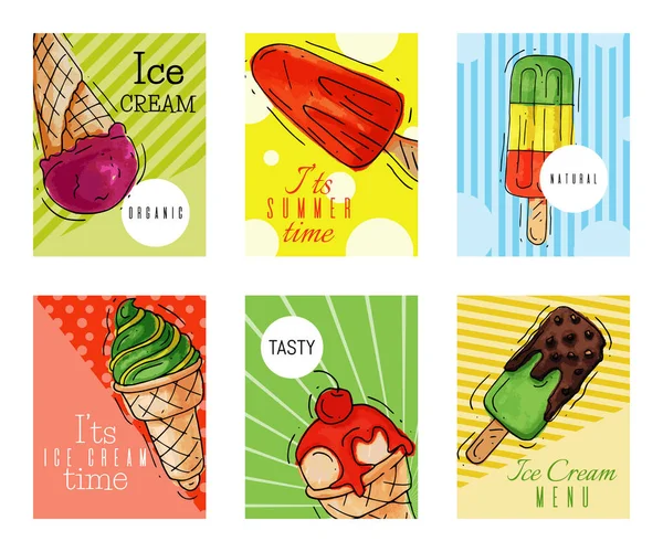 Fagylalt kártyák nyári természetes friss és hideg édes élelmiszer-vektor illusztráció. Egészséges házi ízletes tejtermék kúp finom eper vanília Gelato fagyasztott jégkrémet. Desszert gyümölcs Cool termék. — Stock Vector