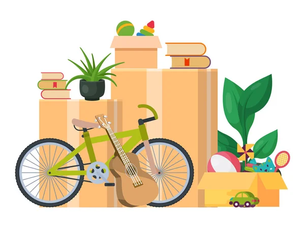 Box mowing new home concept vector illustration. Boxes in empty room with bike toys book pot. Property packaging or packing container indoor movement. Unpacking interior. — Stock Vector