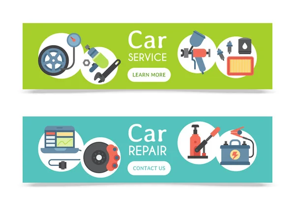 Car repair station banner mechanic vehicle auto garage service vector illustration. Transportation technician mechanical inspection engine shop. — Stock Vector