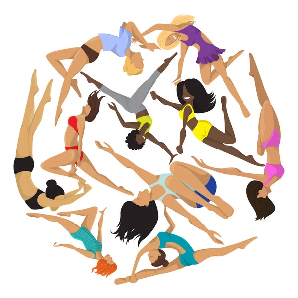 Γυναίκα κοντάρι στούντιο χορού στρογγυλό μοτίβο σέξι θηλυκό διανυσματική απεικόνιση. Επαγγελματική αισθησιολόγος, δυναμική γυναίκα γυμναστικής. Χορεύτρια κορίτσια γυμναστικής θέτουν άσκηση poledance σχολείο club. — Διανυσματικό Αρχείο