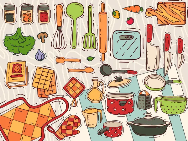 Koken apparatuur vector keukengerei of kookgerei voor voedsel met keuken gebruiksvoorwerp bestek en plaat illustratie. Servies en koekenpan of pot househol culinaire achtergrond. Huis apparaat. — Stockvector