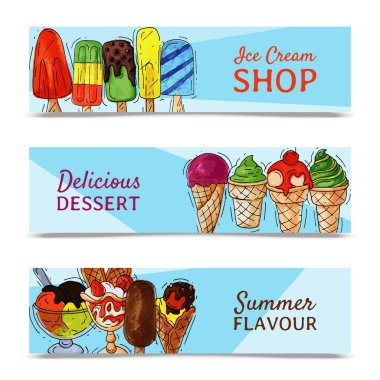 Dondurma afiş yaz doğal taze ve soğuk tatlı gıda vektör illüstrasyon. Sağlıklı ev yapımı lezzetli süt koni lezzetli çilek vanilya Gelato dondurulmuş buzağı. Tatlı meyve serin ürün.