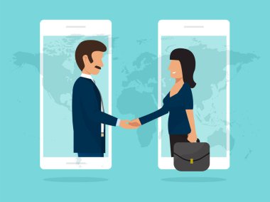 İş ortaklarının el sıkışma anlaşma iyi anlaşma kavramı, ortaklık düz tarzı telefon tasarım vektör illüstrasyon. Tebrik ortağı ofis sözleşme tebrik toplantı erkek ve kadın.