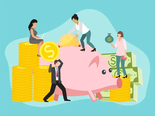 Save money people concept vector illustration. Saving dollar coin pig. Money charcters with gold cash in piggybank. Accounting earnings economic investing business man and woman.