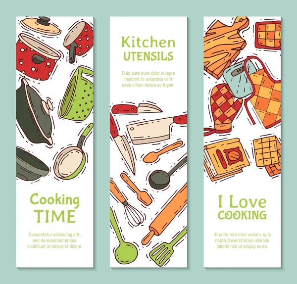 Kochutensilien Banner Vector Geschirr oder Kochgeschirr für Lebensmittel mit Besteck und Teller Illustration. Geschirr und Pfanne oder Topf für die kulinarische Zeit. Haushaltsgerät. — Stockvektor