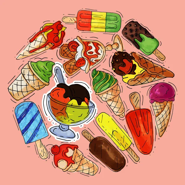 Crème glacée motif rond été naturel frais et froid aliments sucrés vecteur illustration. Sain maison savoureux cône laitier délicieuse fraise vanille gelato gelée glace congelée. Dessert fruits frais produit . — Image vectorielle