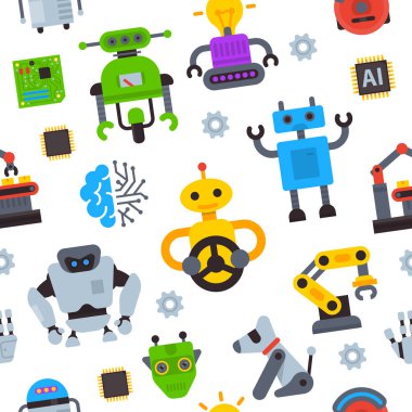 Robot simgeler vektör logo robot makine teknolojisi robocop çizgi film karakteri AI yapay zeka robotechnic illüstrasyon izole beyaz arka plan üzerinde ayarla.