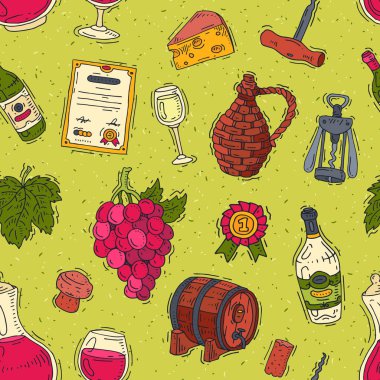 Şarap şişelerinde şarap ve şarap kadehinde şarap vektör alkolü. Üzüm ya da şarap mahzeni arka planında asma resimli.