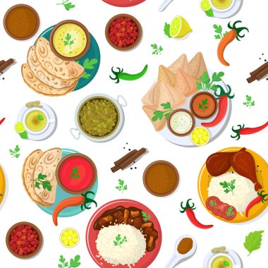 Hint gıda vektör Hindistan mutfağı ve asya yemekleri masala baharatlı pirinç ve tandır tavuk illüstrasyon kase asya yemek naan seti, beyaz arka plan üzerinde izole