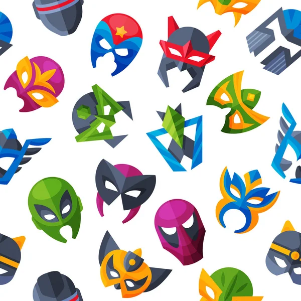 Máscara de héroe máscara vectorial máscara y enmascaramiento personaje de dibujos animados ilustración superhéroe conjunto de poderoso símbolo enmascarado aislado sobre fondo blanco — Archivo Imágenes Vectoriales