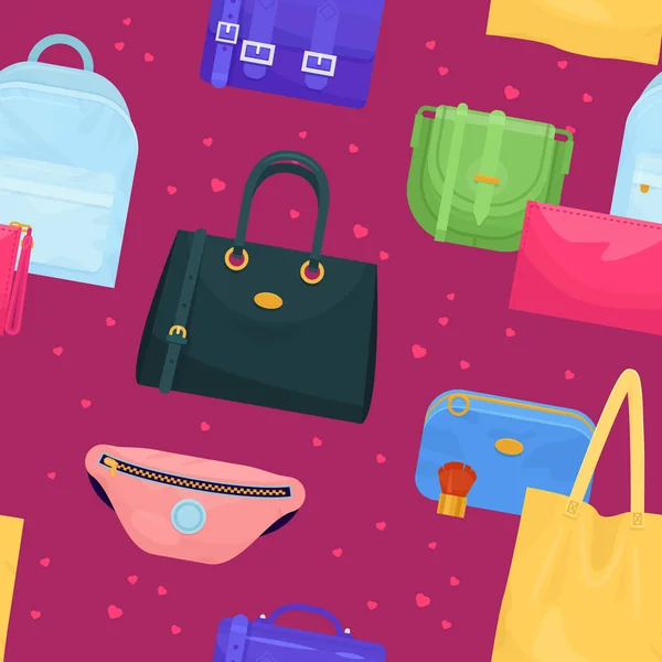 Donna borsa vettore ragazze borsetta o borsa e shopping-bag o pacchetto larghi dal negozio di moda illustrazione set di acquirenti insaccato pacchetto di sfondo — Vettoriale Stock