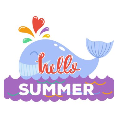 Merhaba yaz tipografi logosu arka plan ile oturum açın. Deniz bitkiler, Güneş, plaj deniz ve seyahat vektör illüstrasyon. Holliday ben yaz logosu simgeler güneş ve eğlence dinlenme seviyorum