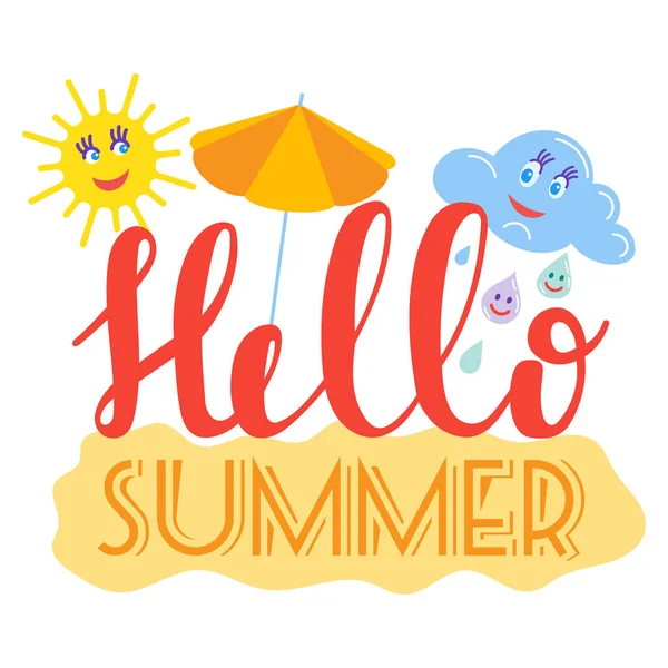 안녕하세요 여름 타이포그래피 로고 는 배경으로 로그온. 바다 식물, 태양, 해변 바다와 여행 벡터 그림입니다. 홀리데이 나는 여름 로고 아이콘 태양과 재미 휴식을 사랑 — 스톡 벡터