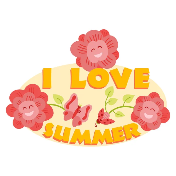 Hello letní typografické logo se nachází na pozadí. Mořské rostliny, slunce, plážové a cestovní vektorová ilustrace. Miluju letní logo, ikony slunce a zábava odpočinek — Stockový vektor
