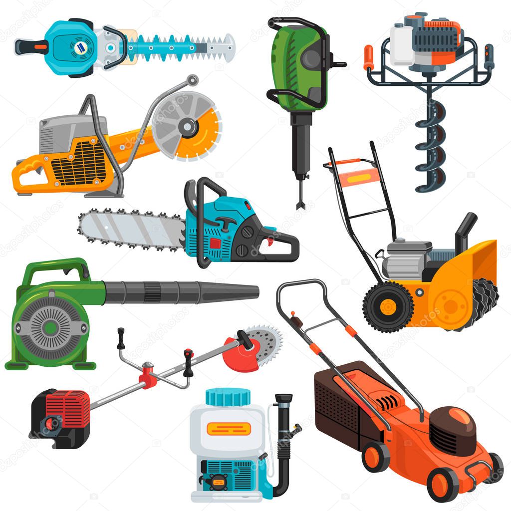 Power tools vector electric construction equipment circular-saw lawn mower illustration set of electric jig-saw grass-cutter and carpentry tools isolated on white background