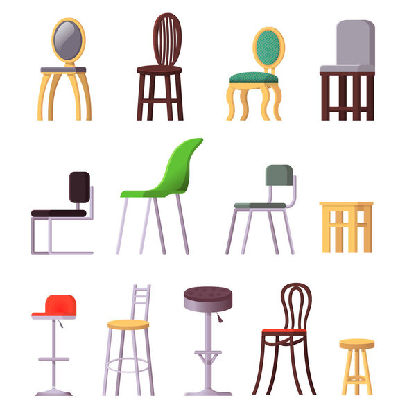 Вектор стула удобное сиденье в стиле модерн офис-стул и кресло дизайн иллюстрации набор кресло-стул бар-стул и складной стул изолированы на белом фоне
