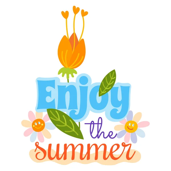 안녕하세요 여름 타이포그래피 로고 는 배경으로 로그온. 바다 식물, 태양, 해변 바다와 여행 벡터 그림입니다. 홀리데이 나는 여름 로고 아이콘 태양과 재미 휴식을 사랑 — 스톡 벡터