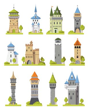 Karikatür kale vektör peri masalı ortaçağ kulesi fantezi saray binası krallık fairyland illüstrasyon tarihi masal kuleli ev beyaz arka plan üzerinde izole set yükselen