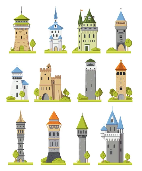 Cartoon castle vector fairytale medieval tower of fantasy palace building in kingdom fairyland illustration towering set of historical fairy-tale towered house isolated on white background — Stock Vector