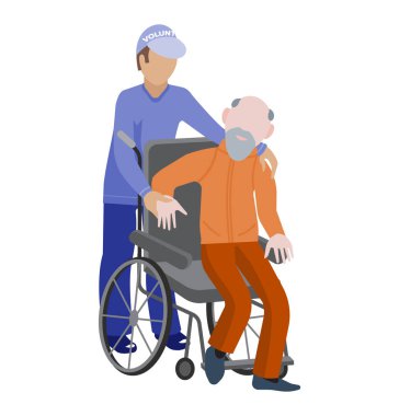 Charity vektör gönüllü insanlar yaşlı engelli veya kör karakterler bakım ve gönüllü bağış veya refah illüstrasyon beyaz arka plan üzerinde izole gönüllü sosyal evsiz yoksul toplum ayarlayın