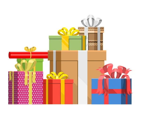 Confezione regalo vettore presenti confezioni per Natale o compleanno partito partito scheda illustrazione piatto celebrazione giftbox pila arco oggetto isolato su sfondo bianco — Vettoriale Stock