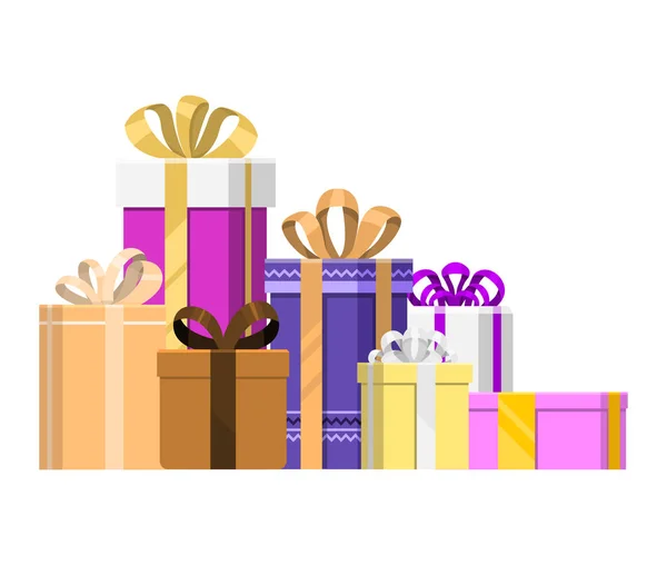 Confezione regalo vettore presenti confezioni per Natale o compleanno partito partito scheda illustrazione piatto celebrazione giftbox pila arco oggetto isolato su sfondo bianco — Vettoriale Stock