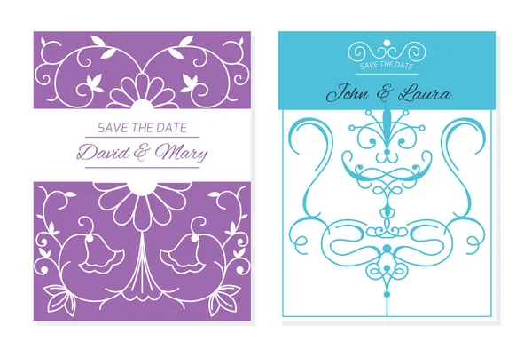 Matrimonio retrò invito vettoriale carta salvare la suite data con modelli di fiori giorno matrimonio lettering fatto a mano disegno del layout di stampa illustrazione. Design floreale — Vettoriale Stock