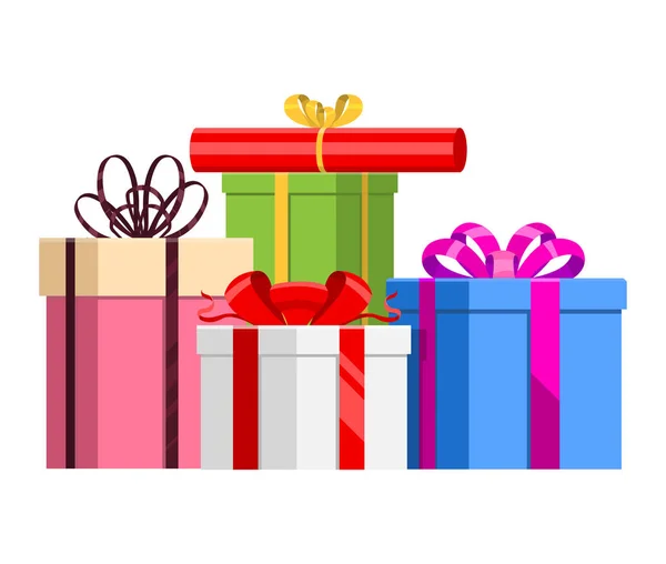 Confezione regalo vettore presenti confezioni per Natale o compleanno partito partito scheda illustrazione piatto celebrazione giftbox pila arco oggetto isolato su sfondo bianco — Vettoriale Stock