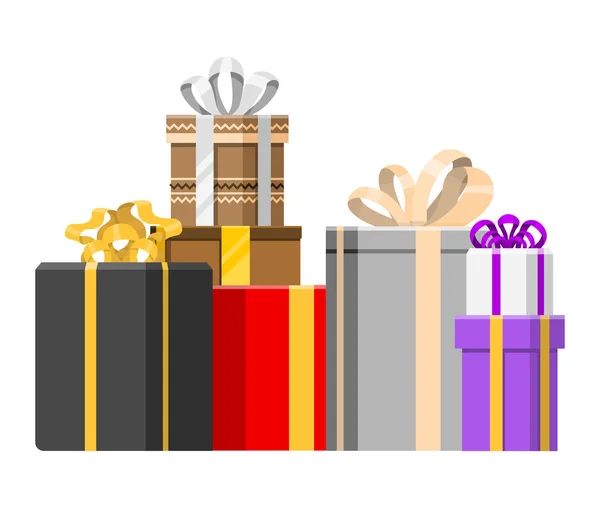 Confezione regalo vettore presenti confezioni per Natale o compleanno partito partito scheda illustrazione piatto celebrazione giftbox pila arco oggetto isolato su sfondo bianco — Vettoriale Stock